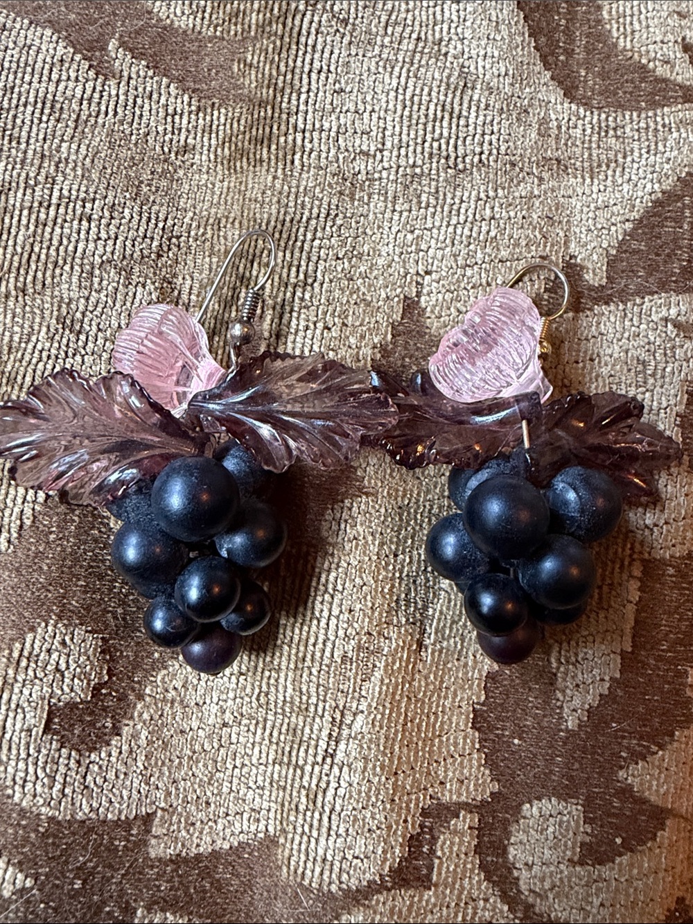 Vintage Grape Cluster Drop Earrings with Leaf Accent and pink flowers